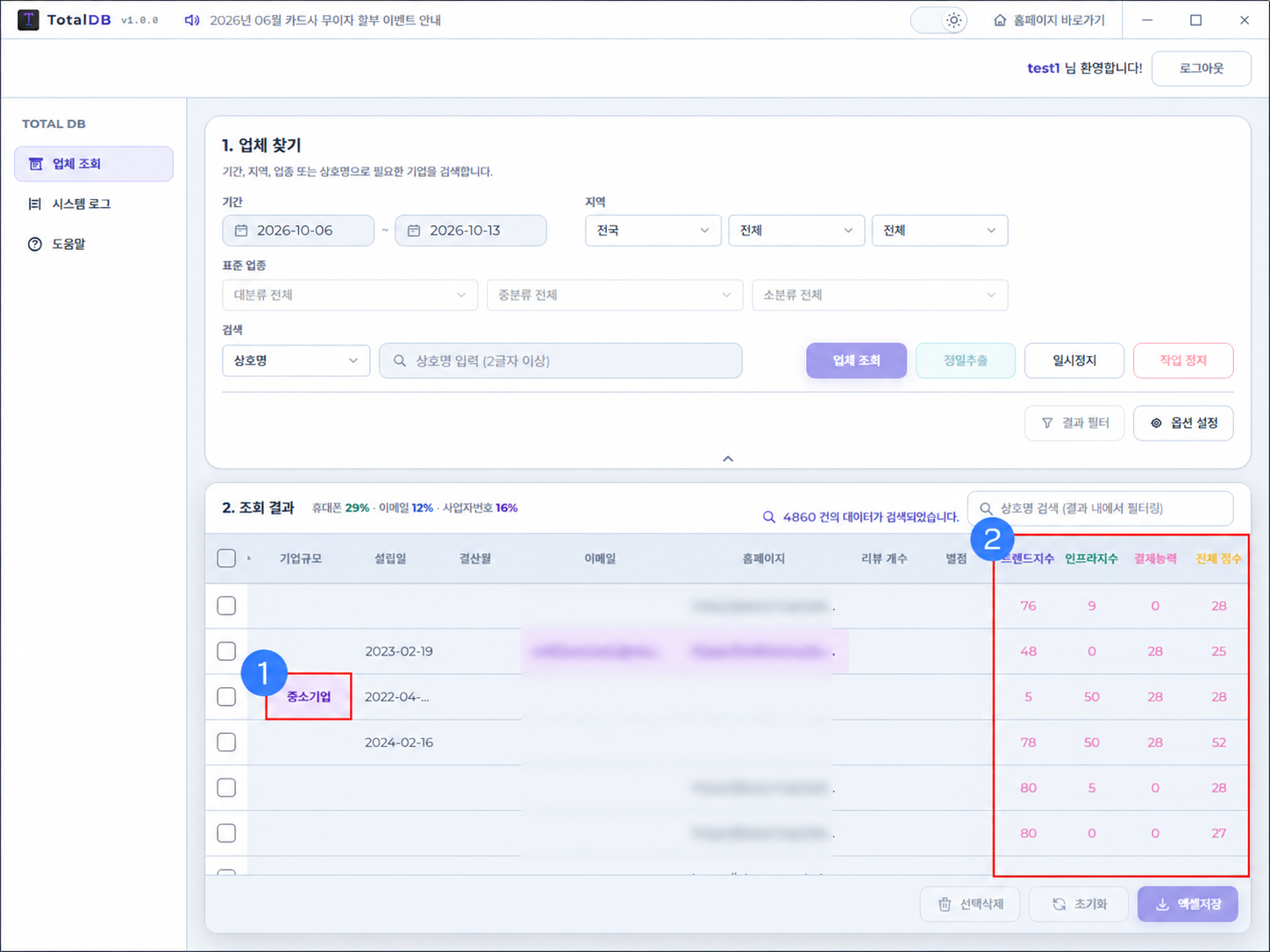 TotalDB 기업 DB 조회 프로그램 정밀추출 결과 확인